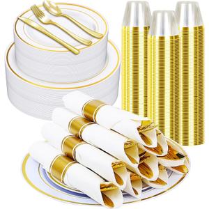 Zcaukya 350 PCS Gold Plastic Dinnerware for 50 Guests, Elegant Disposable Utensils Set with 100 Plates, 50 Pre-Wrapped Napkins, 50 Cups, 50 Spoons, 50 Forks and 50 Knives for Birthday Parties Weddings
