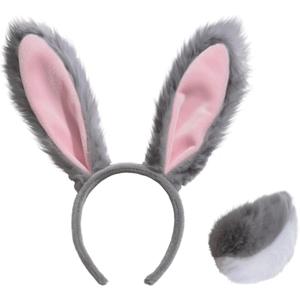 3Pcs Plush Bunny Costume Set  Grey Ears Headband, Faux Fur Tail & Bonus Patch for Adults