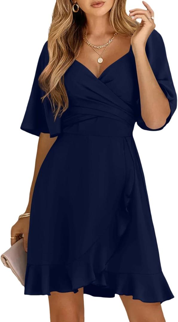 Dokotoo Women's Wrap V Neck Short Flared Sleeve Wedding Guest Dress Smocked Elastic Waist Tiered Belted Ruffle Hem Mini Dress (Medium)