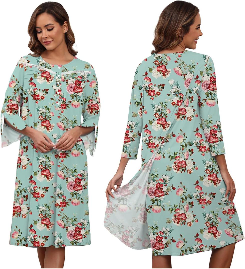 Hospital Gowns for Women Tear Away Snap 3/4 Sleeve Open Back Post Shoulder Surgery Dresses Delivery Nightgown S-3XL (Light Green Flower)