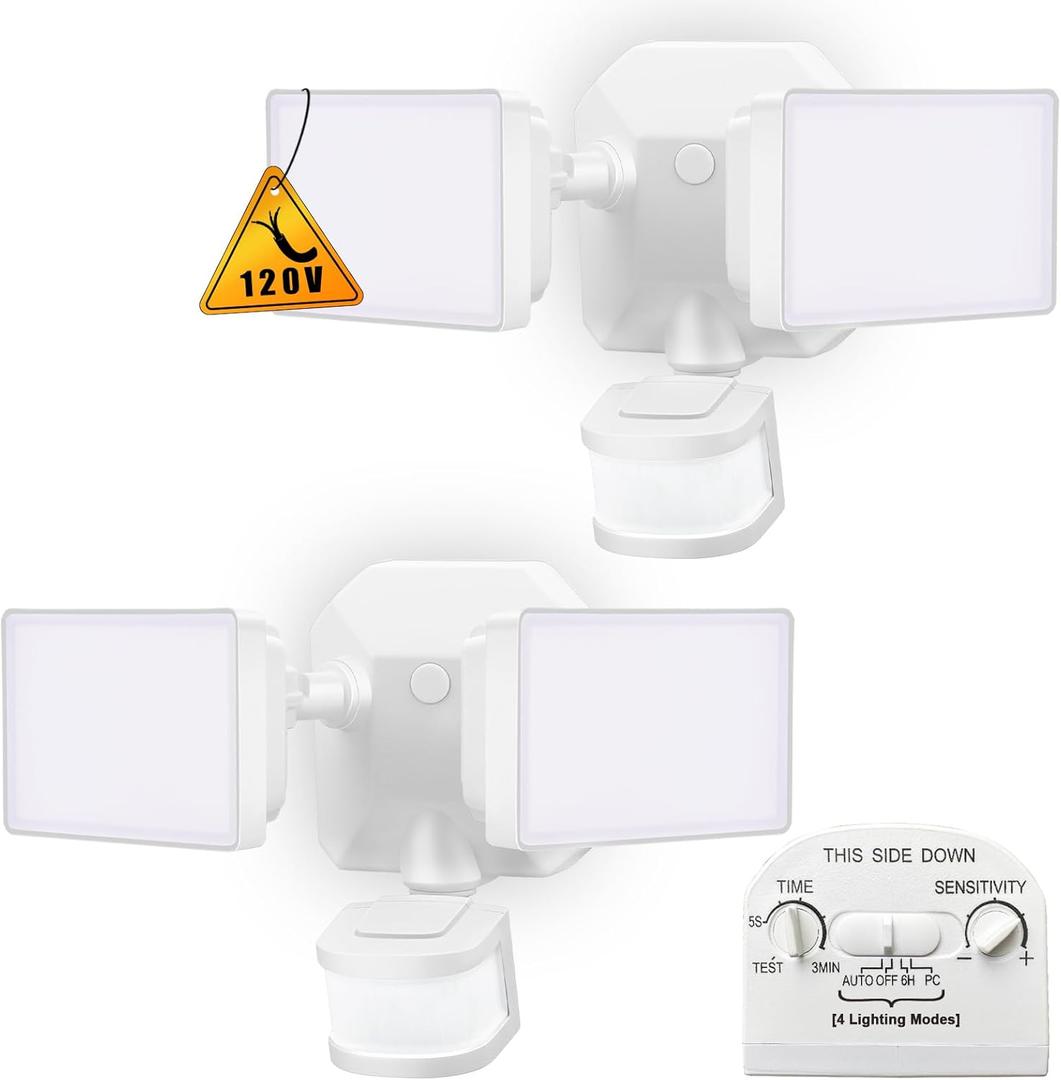 EMANER Security Lights Outdoor, Flood Lights Hardwired AC Power, Motion Sensor/Dusk to Dawn/ 6Hrs/Eco Dim 4 Working Modes, 280W Equiv. 5000K, Exterior Security Floodlight for Yard/Garage/Patio, 2Pack (White Fixture)