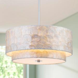 5-Light Drum Capiz Shell Chandeliers, 2-Tier Coastal Style Pendant Light Fixture for Dining Room, Living Room, D18*H17~47 inch (Adjustable Height), Real Shell Lampshade & Chrome Finish