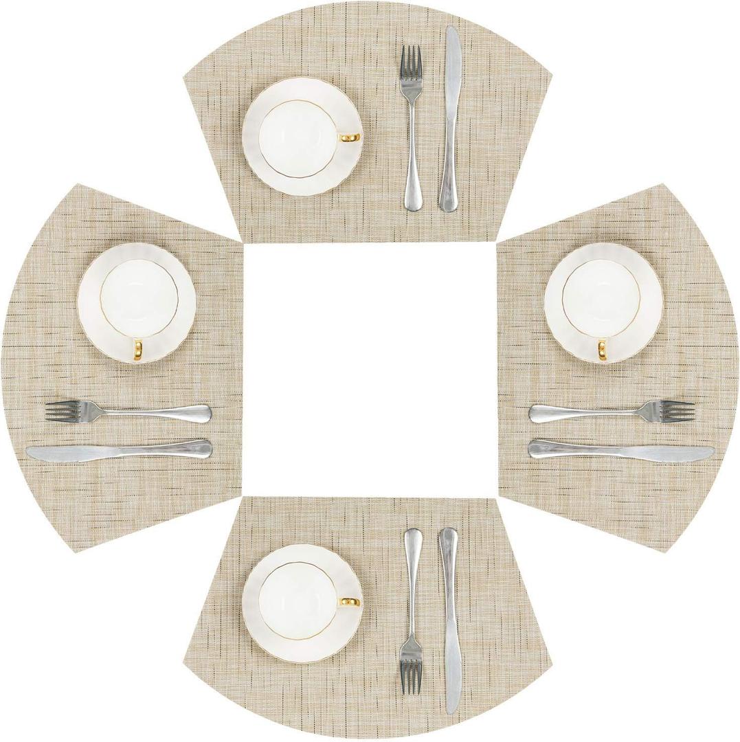 SHACOS Small Round Table Placemats Wedge Placemat Set of 4 Non Slip Heat Resistant Woven Vinyl Table Mats Wipe Clean Indoor Outdoor (4, Beige Yellow)