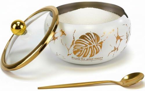 Phininia 15OZ Sugar Bowl with Glass Lid and Spoon, Sugar Container of Coffee Bar Accessories, Stainless Steel Jar for Salt, Tea, Sugar Cube, Dishwasher Safe, White