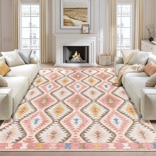 YesRug 8x10 Rug for Living Room, Washable Pink Rugs Boho Moroccan Trellis Area Rug with Vibrant Hues for Bedroom, Farmhouse, Dining Room, Kids Playroom Low-Profile Throw Non-Slip Backing Large Carpet