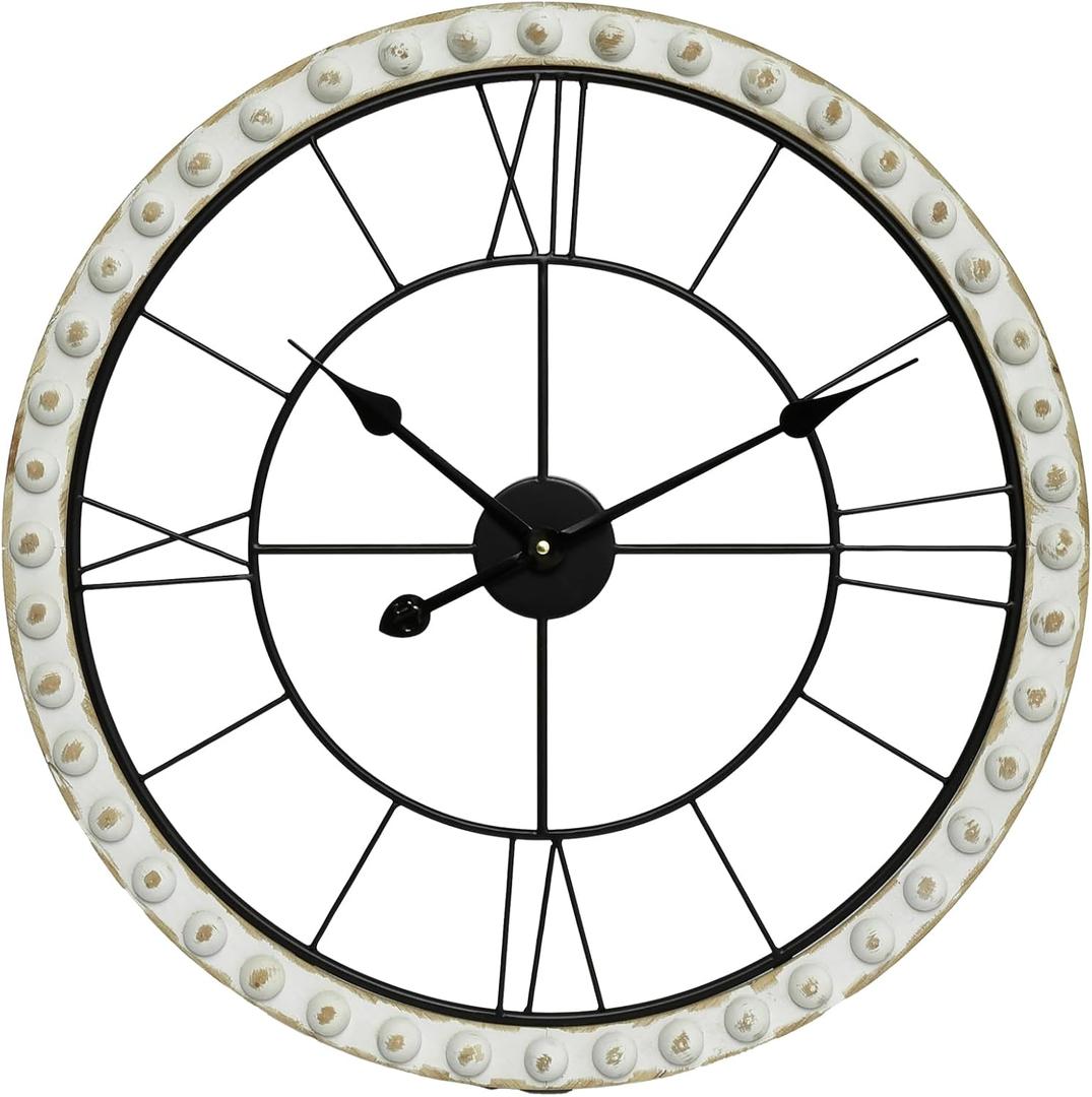 SwallowLiving 24 Inch Wooden Beaded Framed Minimalist Black Metal Wall Clock with Roman Numerals - Elegant Home Decor, Silent Quartz Movement, Perfect for Living Room, Kitchen, or Bedroom