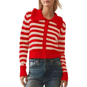 Ythomm Womens Ruffle Collar Cropped Cardigans Cute Button Down Sweaters (Red, XL)