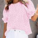 Dokotoo Floral Print Blouses for Women Crewneck Smocked Puff Sleeve Shirts Casual Babydoll Tops (Pink, XXL)