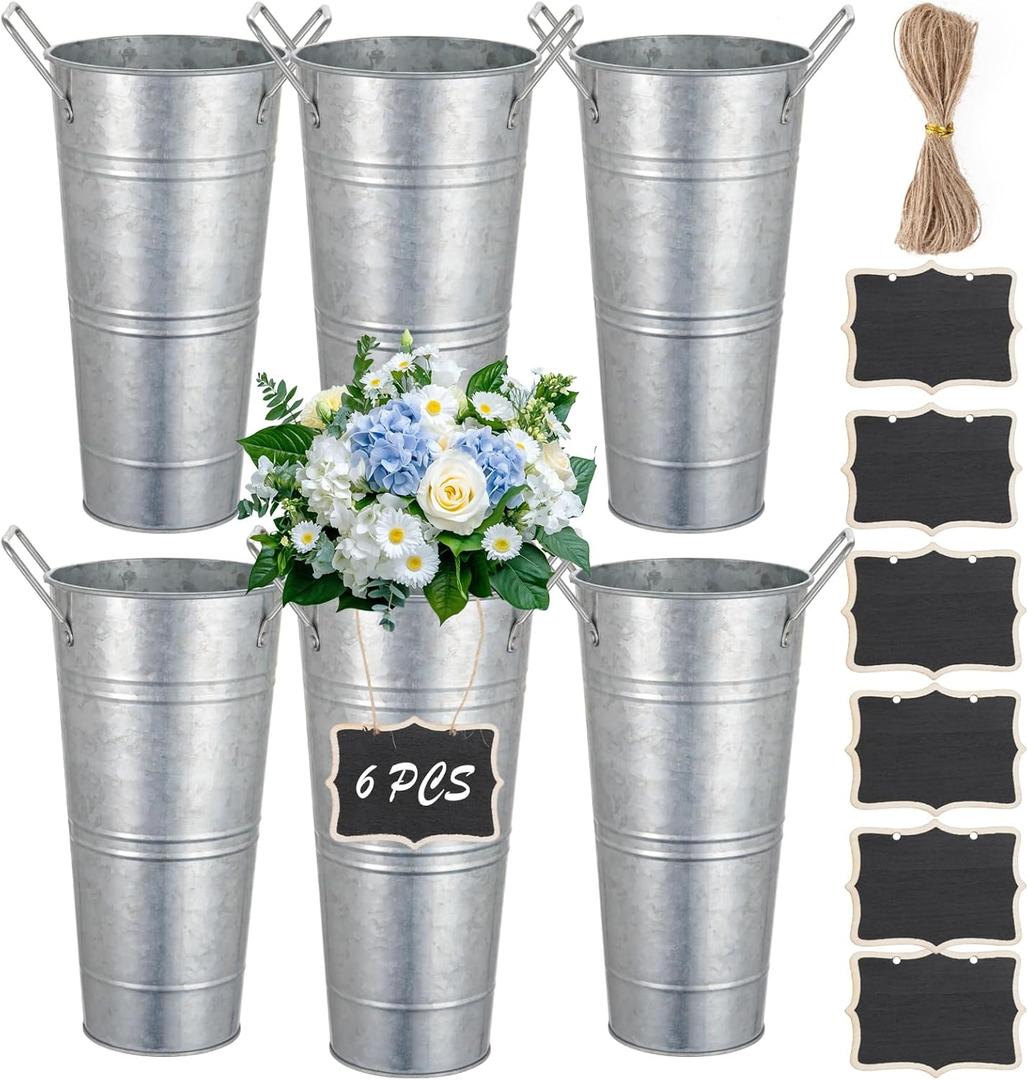 6 Pcs 10.04in Tall Galvanized Flower Bucket with 6 Small Chalkboard and 10m of Rope, Metal Flower Vase for Flower Bar Garden Decor Table Centerpiece
