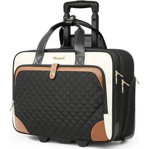 Rolling Laptop Bag, Rolling Briefcase for Women with Waterproof Pocket, 16 Inch Computer Bag, Underseat Carry On Luggage with Wheels for Work Travel Business, Lightweight Beige Brown