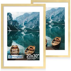 Hongkee 20x30 Frame Set of 2, Gold Wood Style - Display Posters 16 x 24 with Mat or 20x30 without Mat, Wall Mounting Horizontal and Vertical