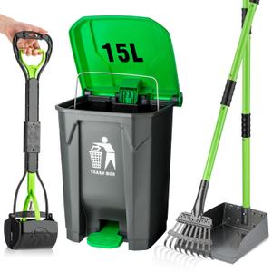 MXF Pooper Scooper Set - 28" Dog Pooper Scooper & Long Handle Stainless Metal Tray & Rake, 15 Litre Step Dog Poop Trash Can w/Removable Inner Bucket, 20 Waste Bags for Outdoors