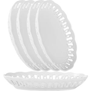 4 Pack Small Lace Serving Plates, 8" x 6" Oval Ceramic Dinner Plates for Dessert Appetizer Salad Bread Fruit Snack, Cute Side Dishes Set of 4 to Home Kitchen Party & Gift, Microwave & Dishwasher Safe