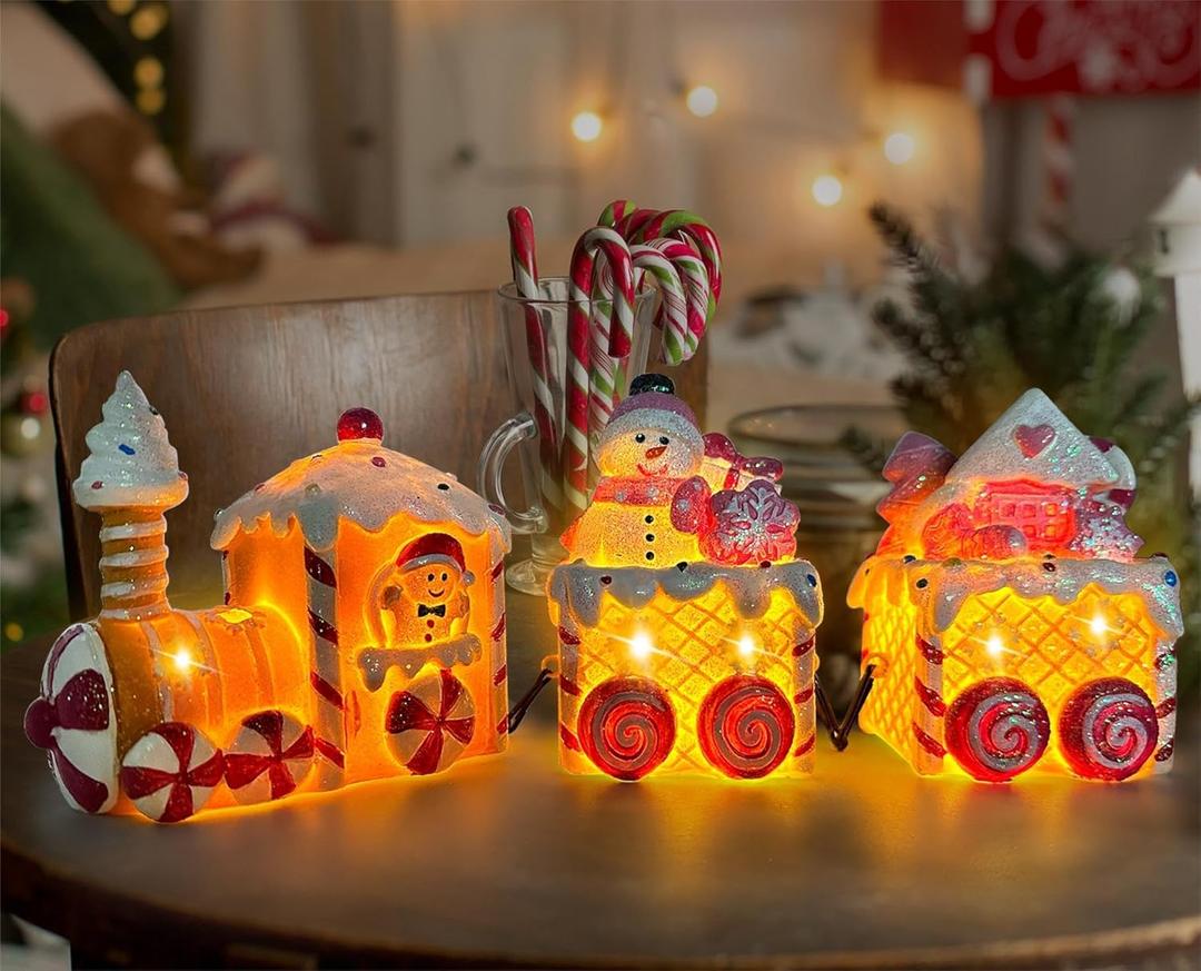 Christmas Table Decorations Indoor Train, Candy Cane Christmas Decorations for Tabletop, Xmas Pink Lighted Centerpieces Table Decorations for Home Outdoor, Xmas Train Decor Figurines (12"x2.8"x3.6")