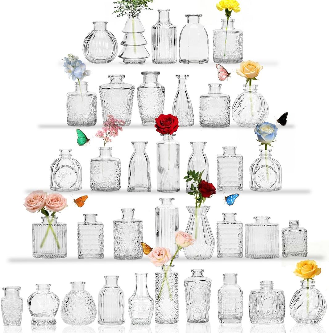 Clear Glass Bud Vase Set of 36 Pcs,Small Bud Vases in Bulk,Glass Crystal Flower Vases Table Centerpieces for Party Event Wedding Decor Baby Shower Decorations (Clear, 36 Pcs)