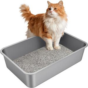 X-Large Stainless Steel Litter Box with High Sided, Metal Cat Litter Box, Odor-Free Non-Stick Litterbox Pan, Easy to Clean Pet Supplies Toilet Tray for Indoor Cats, Kittens or Multicat Homes (23.62"L x 15.75"W x 5.91"H)