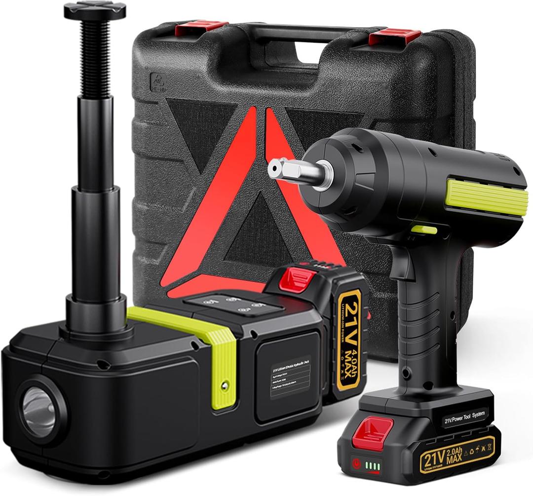 E-HEELP Cordless Electric Hydraulic Car Jack Kit 5 ton with Lithium Battery Includes Cordless Impact Wrench Rechargeable Touchscreen Jack All-in-One Portable Tool kit for Efficient Car Maintenance