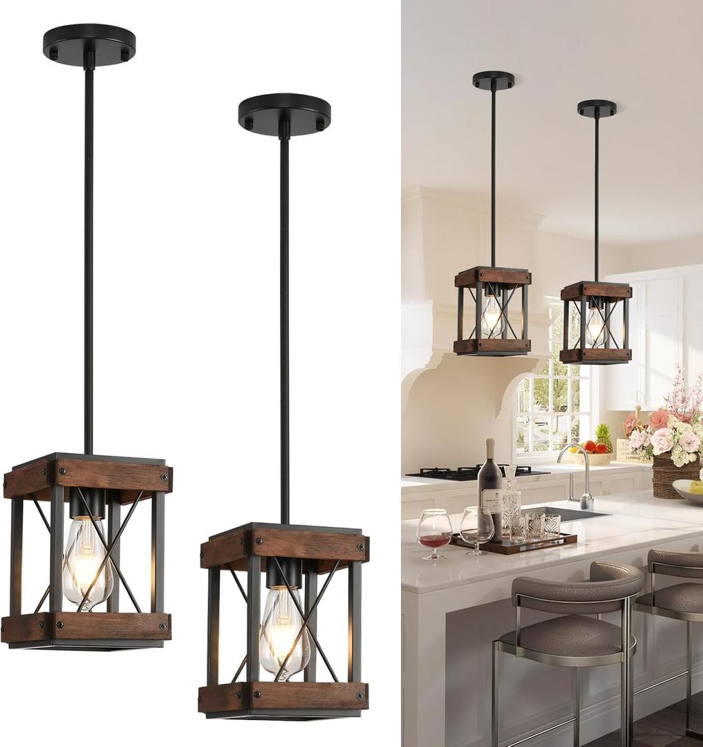 Genuine Wood Farmhouse Pendant Light, 2 Pack Rustic Farmhouse Linear Chandelier with Wood and Metal Cage, Kitchen Island Pendant Light Adjustable Height for Dining Room Light Kitchen Island Bedroom