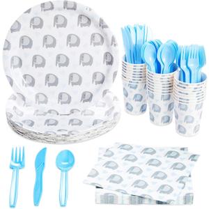 BLUE PANDA Elephant Baby Shower Decorations for Boy Theme, Baby Boy Birthday Party Supplies With Paper Plates, Napkins, Cups, and Cutlery (Serves 24 Guests, 144-Piece Set) - Elephant Party Decorations