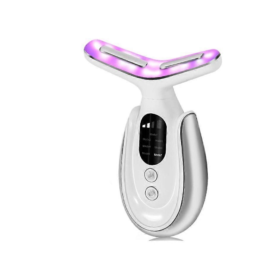 Electric Massager - 7 Color Facial Device + 3 Intensity Levels, Neck & Face Beauty Device with Vibration & Warming (White)