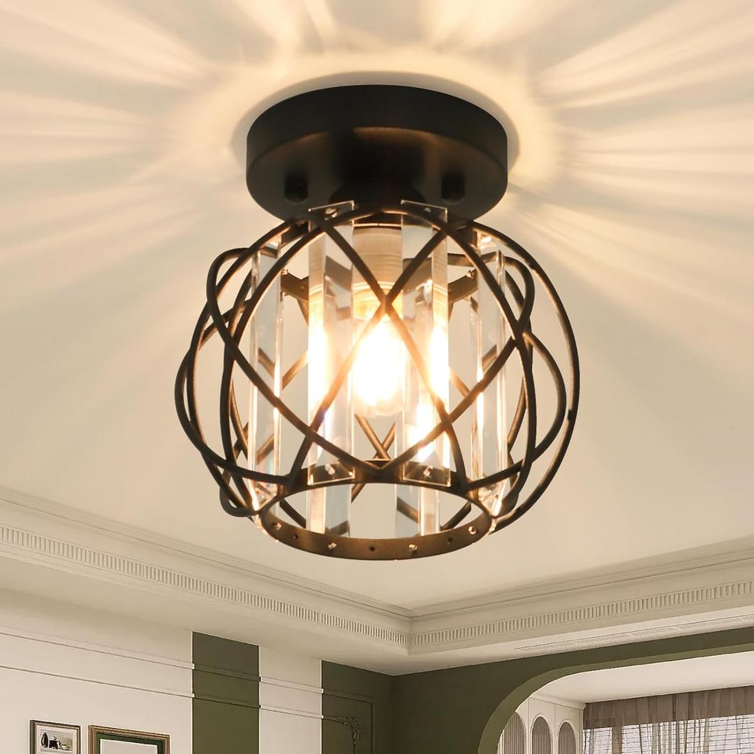 Hallway Ceiling Light fixtures,Flush Mount Ceiling Light Fixture E26 Ceiling Lighting with Crystal Small Chandelier Indoor Lighting for Foyer Entryway Bedroom Bathroom Closet Living Room (Black 1)