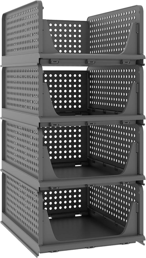 Pinkpum 4 Pack Folding Closet Organizers Storage Box, Stackable Plastic Drawer Basket for Clothing, Stackable Storage Bins Shelf Storage Container for Closet Wardrobe Bedroom Bathroom Office (Black) (4 Pack L)