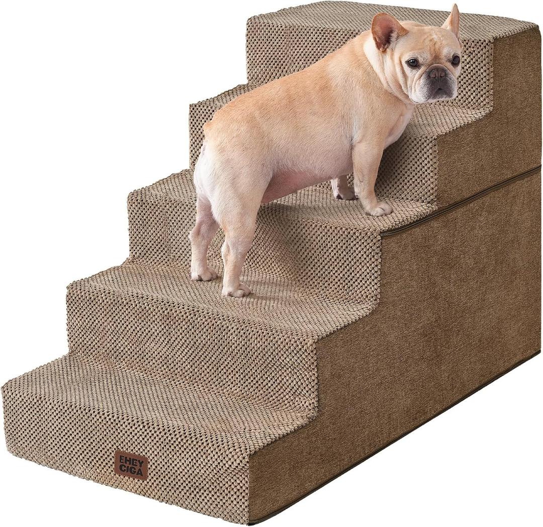 EHEYCIGA Dog Stairs for High Bed 25" H, 5-Step Extra Wide Dog Steps for Bed, Pet Steps for Small Dogs and Cats, Non-Slip Balanced Pet Ramp Indoor, Camel
