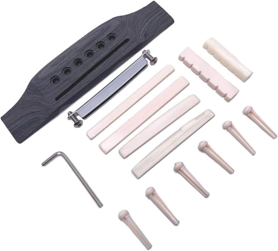 Jiayouy 15Pcs Guitar Rosewood Bridge & Saddle Nut & Adjustable Shaft & 6pcs Bridge Pins Repair Kit for 6 String Classical/Acoustic Guitar Replacement