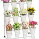 Flower Stand, 3 Tier Flower Display Stand with 12 Buckets, Upgrade Double Circle No Shaking, Outdoor Flower Cart with Wheels for Patio, Garden, Shop, Wedding, Party, Exhibition, Indoor, White