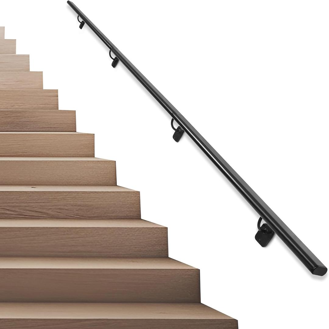 Industrial Stair Handrail Wall-Mounted Hand Rails for Indoor Stairs Black Pipe Stair Railing Indoor Metal Hand Rail for Indoor & Outdoor Steps Aluminum Staircase Handrail for Stairs 10ft