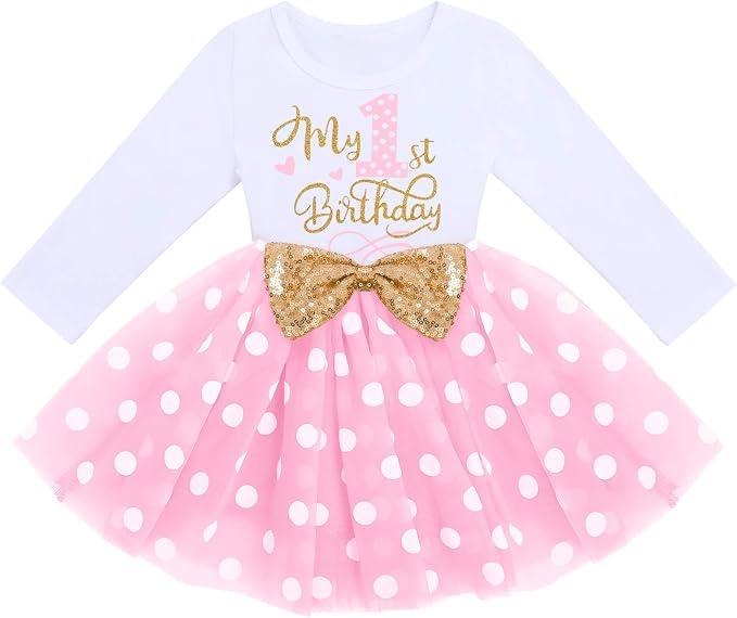 Baby Girl 1st 2nd 3rd Birthday Outfit Mouse Dress Polka Dots Tutu Skirt Cake Smash Long Sleeve Clothes for Photo Shoot, Size 