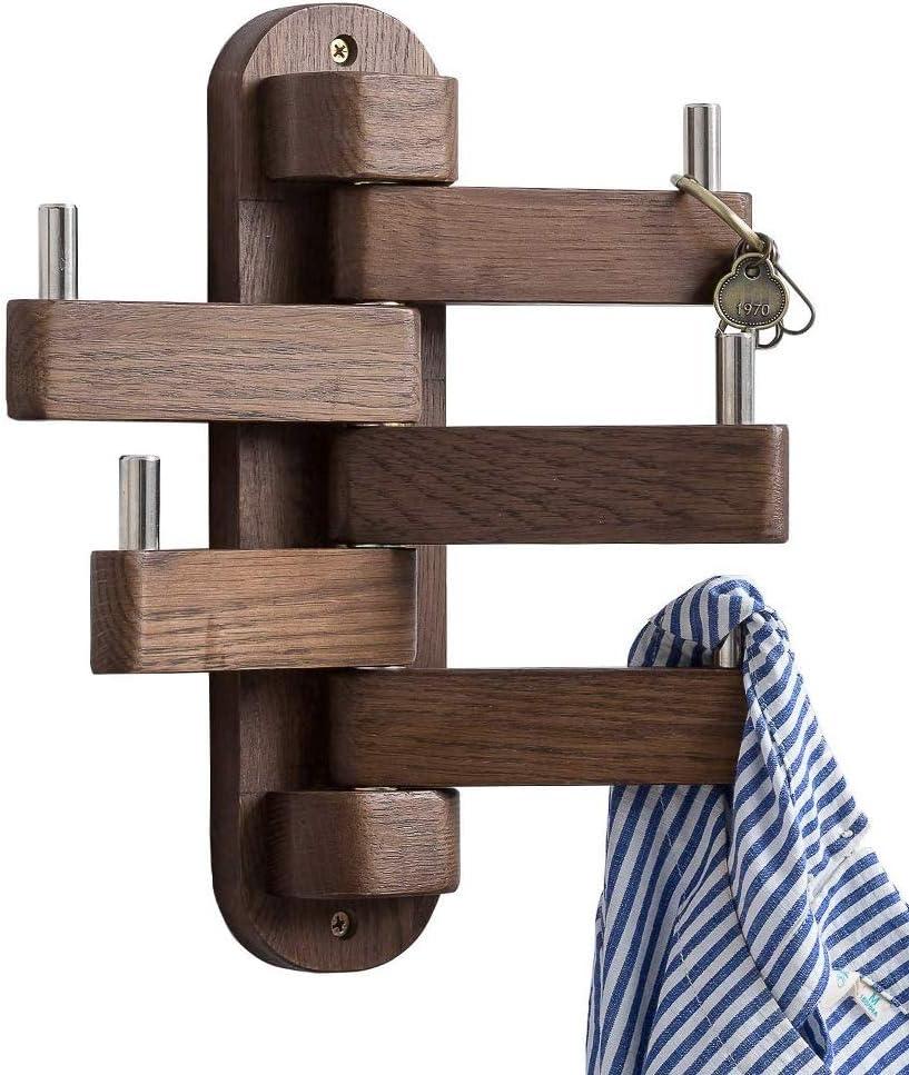 Coat Hooks for Wall, Oak Wood Wall Hooks with 5 Swivel Foldable Arms, 12'' Length Coat Rack Hat Hooks for Bathroom Entryway Bedroom Office Kitchen, Heavy Duty (Walnut)
