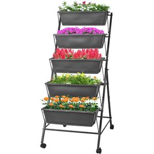GENMOUS 5 Tier Raised Garden Bed Tall 45FT Vertical Elevated Garden Planter Standing Garden Bed Planter Box with Drainage Holes Removable Tray Outdoor Herb Planter Stand on Patio Balcony Porch Black