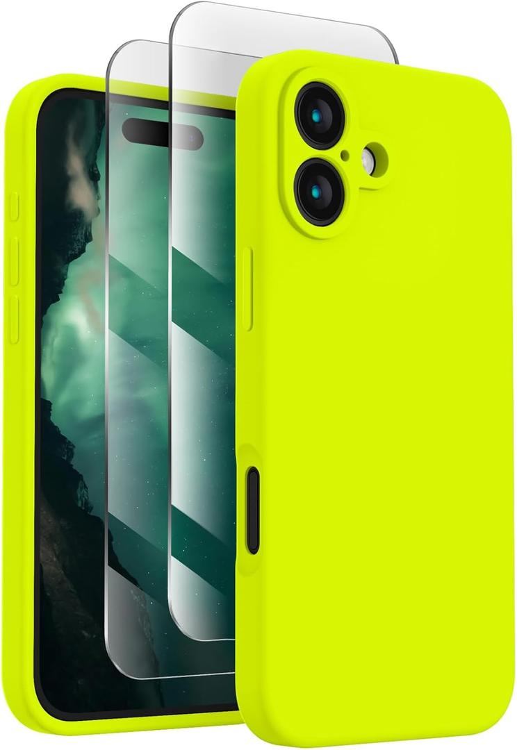 FireNova Designed for iPhone 16 Case, Silicone Upgraded [Camera Protection] Phone Case with [2 Screen Protectors], Soft Anti-Scratch Microfiber Lining Inside, 6.1 inch, Fluorescent Green