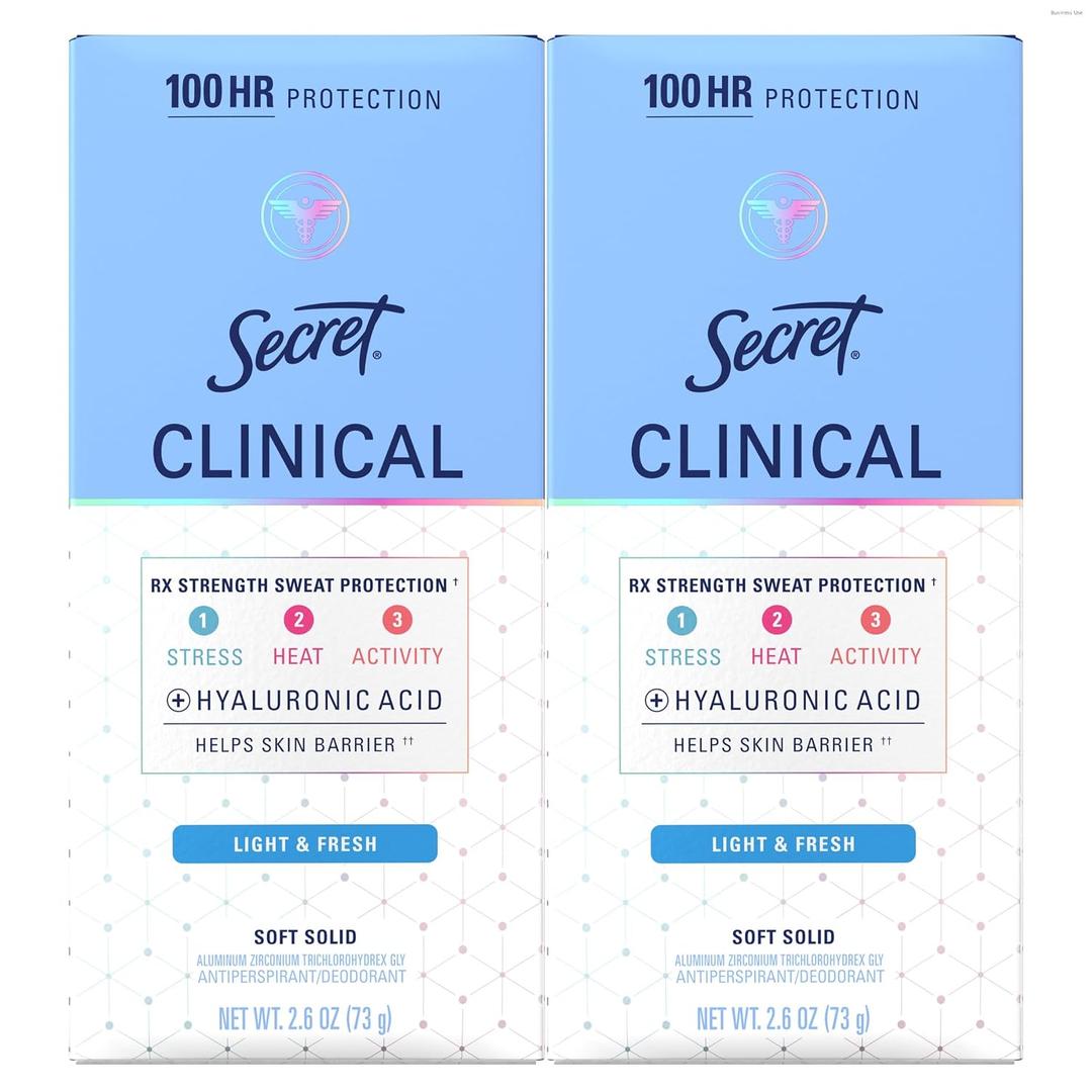 Secret Clinical Strength 100HR Sweat & Odor, Soft Solid Antiperspirant Deodorant for Women, 3X Stress Protection with Hyaluronic Acid, PH Balanced, Light & Fresh Scent, 2.6 oz (Pack of 2)