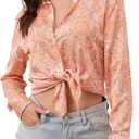 Wrinkle-Resistant Women Silky Button Down Shirts 2025 Fashion Printed Long Sleeve Blouse Dressy Casual Tops, M