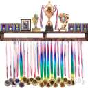 LAVIEVERT Gymnastic Medal Hanger with Storage Shelf, Wooden Wall-Mounted Trophy Shelf, Race Medal Display Rack Holder with 23 Hanging Bars