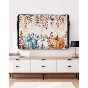 Thanskgiving Pumpkin Outdoor TV Cover for 60-65 Inch Outside Flat Screen,Fall Retro Eucalyptus Leaf 600D Thick Waterproof Weatherproof Outdoor TV Screen Protector with Zipper (58x37x4.5in-(148x94x12cm), Orange Blue White)