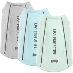 3Pack Sunblock Dog Shirt Breathable Reflective Dog T-Shirt Lightweight Sun Protection Sleeveless Dog T Shirts for Small Medium Large Dogs Perfect for Summer Walks & Outdoor Adventures (3XL(Back: 20.5", Chest: 31.5", 60-80lbs), Gray + Blue + Green)
