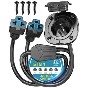 20A 125V RV Shore Power Inlet Plug, 12AWG AC Port Plug w/ 5-IN-1 T-Blade Adapter & Integrated 18" Dual Extension Cord, Waterproof AC Power Inlet Socket Outlet Receptacle for RV, Truck, Boat, Generator