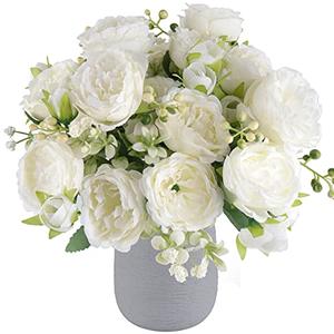 4 Bundles Artificial Peonies Silk Flowers, White Faux Peony Bouquet Florals Arrangements Decor for Farmhouse Home Boho Wedding Table Centerpiece, Fake Plastic Flowers Bulk Vase Decoration (White)