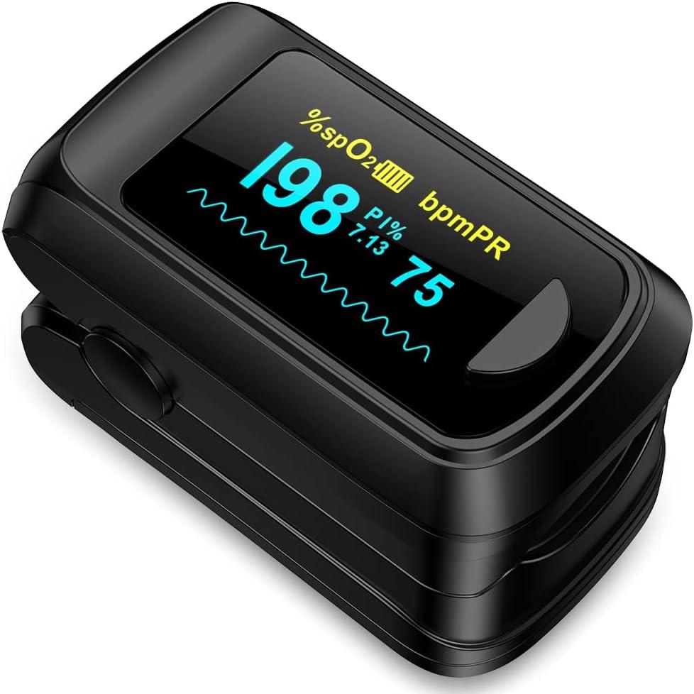 Fingertip Pulse Oximeter Blood Oxygen Monitor Pulse Ox, Heart Rate and Fast Spo2 Reading Oxygen Meter with OLED Screen Included Batteries and Lanyard (black)