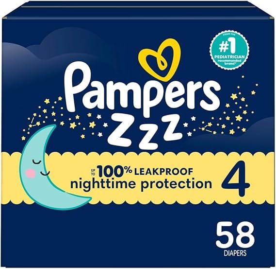 Pampers ZZZ Overnight Diapers, Size 4 (2237 lbs), 58 Count, Nighttime Protection Disposable Baby Diaper, Night Time Leak and Skin Protection