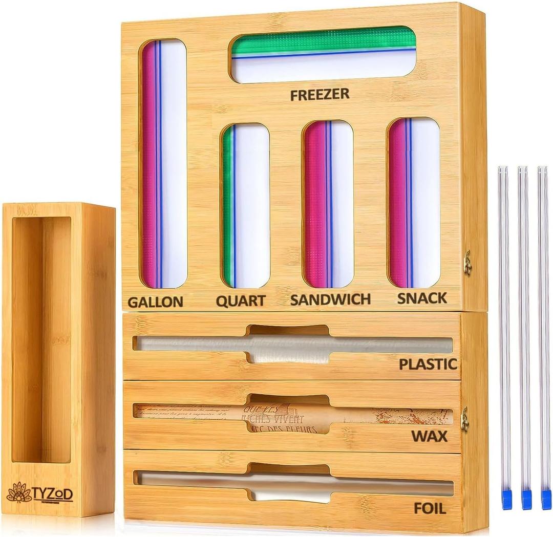 TYZOD 9in1 Bamboo Storage Bag Organizer with Cutter, Kitchen Drawer & Wall Mount Storage for Foil, Plastic Wrap, Gallon, Quart, Sandwich, Snack & Freezer Bags, Fits Rolls ≤12” Long, ≤2” Diameter