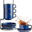 Gomakren 6 Ounce Cappuccino Cups with Saucers and Metal Stand, Stackable Coffee Cup Set of 4, Christmas Porcelain Espresso Cups for Coffee Drinks, Cappuccino, Latte, Americano, Tea, Cobalt Blue