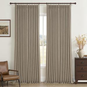 Oak Taupe Extra Long 108 Inch High Ceiling Curtains for Living Room 2 Panel Set, Memory Trained Pinch Pleated Blackout Double Layer Linen Soundproof Heat Block Boho Privacy Windows Curtain 9 FT Length
