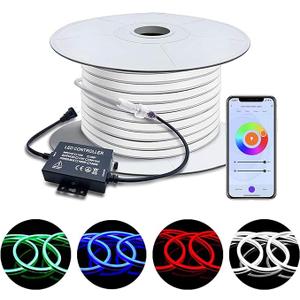 BRILLIHOOD 50FT RGB Outdoor Neon Rope Light - WiFi App and IR Remote Control, Multicolor Neon Strip for Garden Ambiance, Compatible with Alexa & Google Assistant