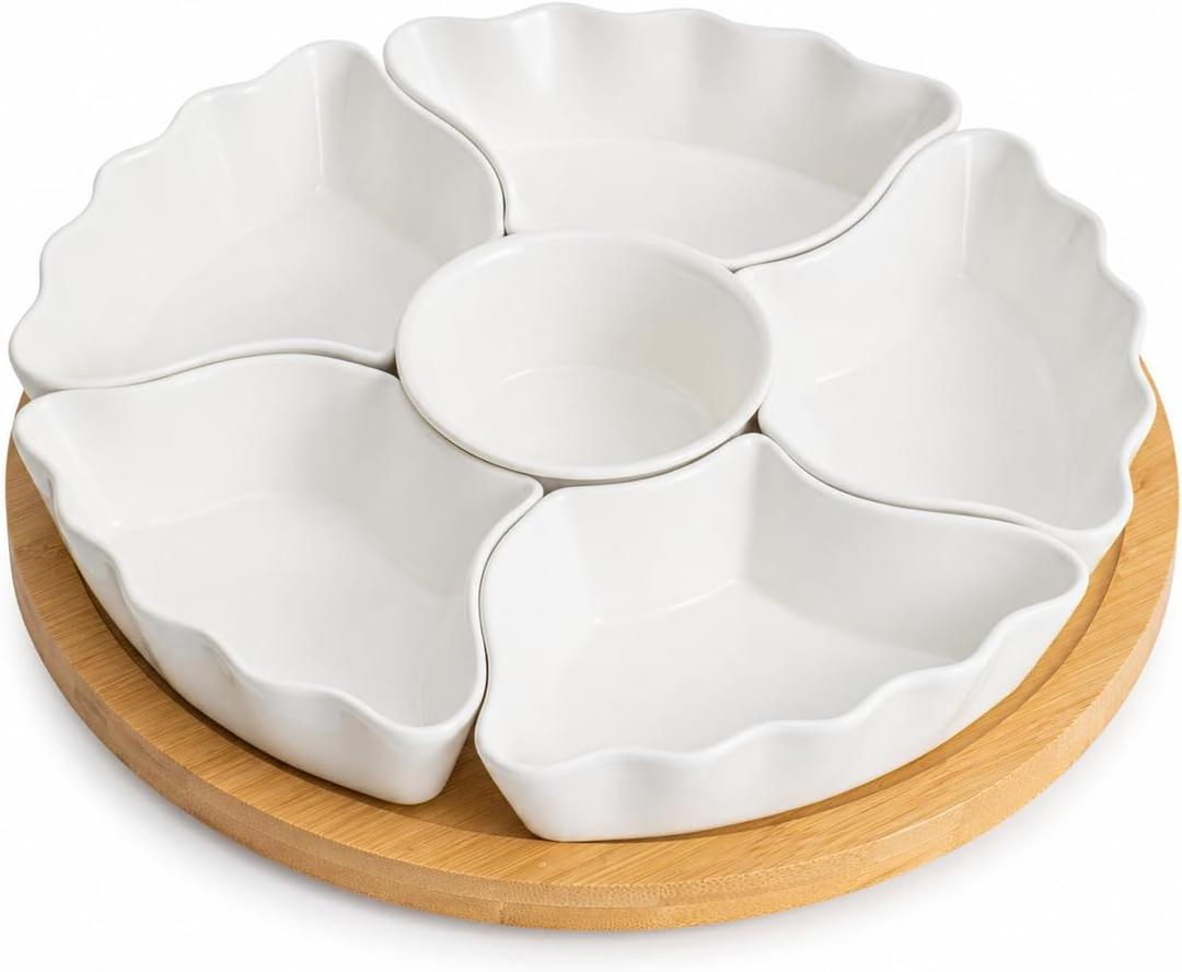 7-Piece Divided Serving Tray Set for Party, 12-Inch Rotating Serving Tray for Dining Table with Removable Dividers, Lazy Susan Platter for Charcuterie, Appetizers & Snacks