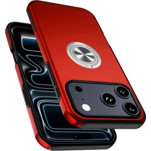Shockproof Case for iPhone 17 Pro 6.3'', [Embedded Finger Ring] Military Grade Phone Case Cover with Reinforced Metal Stand Kickstand [Support Magnetic Car Holder] for iPhone 17 Pro, Red
