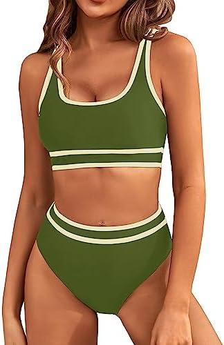 BMJL Women's High Waisted Bikini Sets Sporty Two Piece Swimsuits Color Block Cheeky High Cut Bathing Suits, Medium